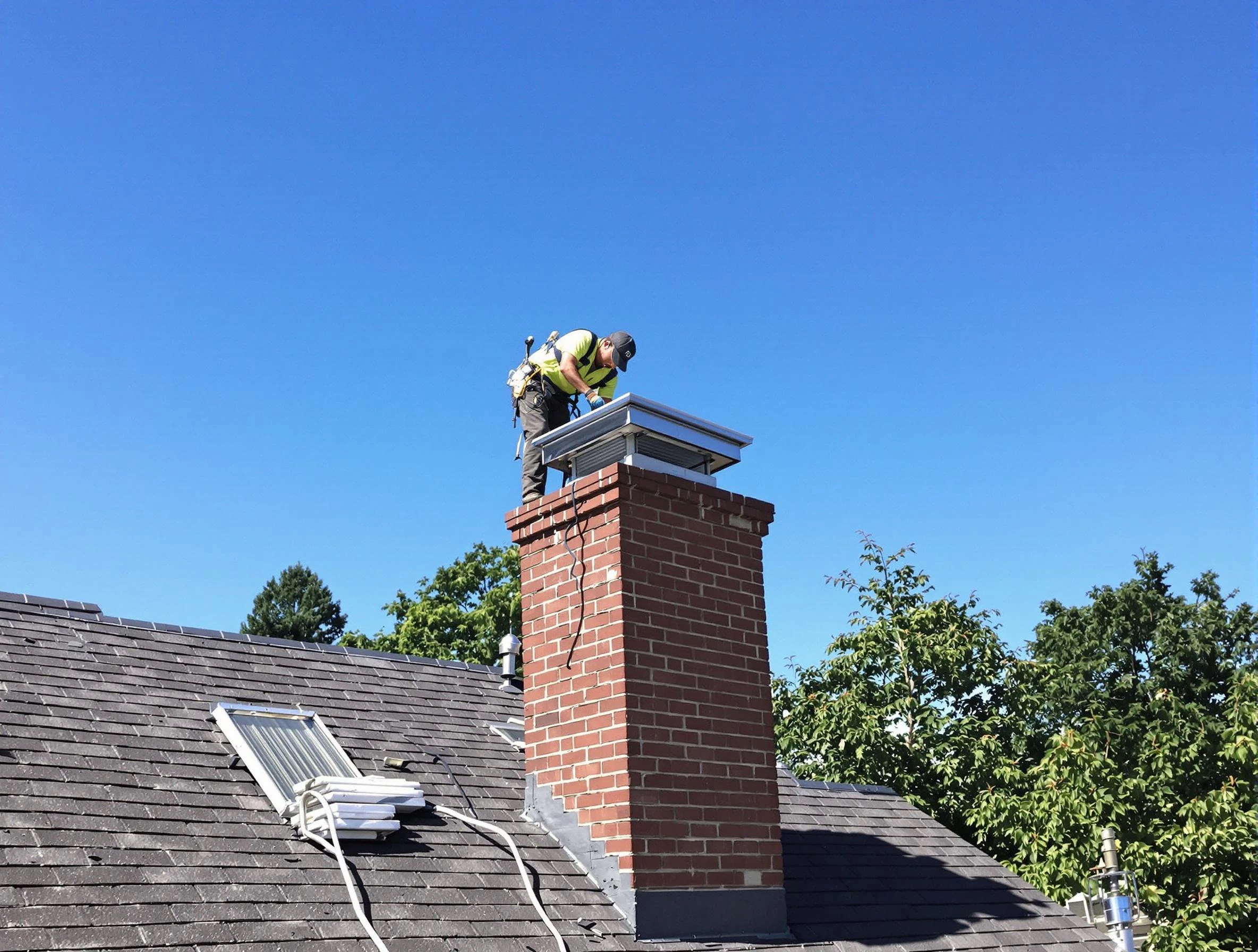 South Fayette Chimney Sweep technician measuring a chimney cap in South Fayette, PA